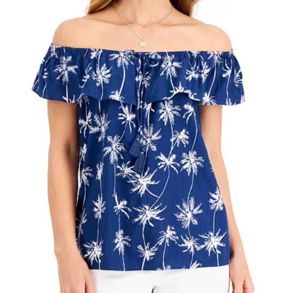 Style & Co Blue White Palm Tree Print SZ L Boho Casual Chic Beachy Summer Top - Picture 13 of 13